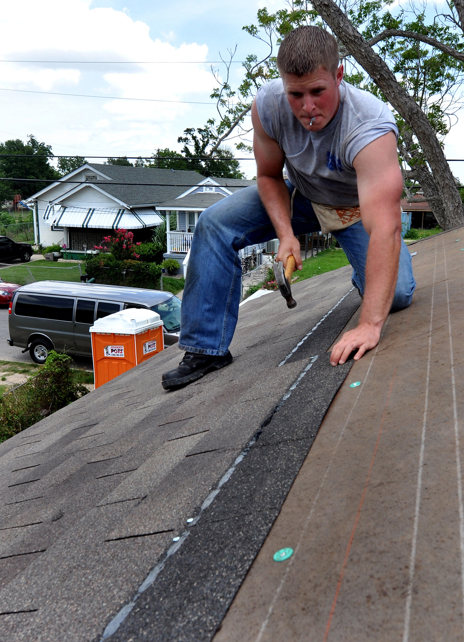 Crockett Construction crew installing a roof